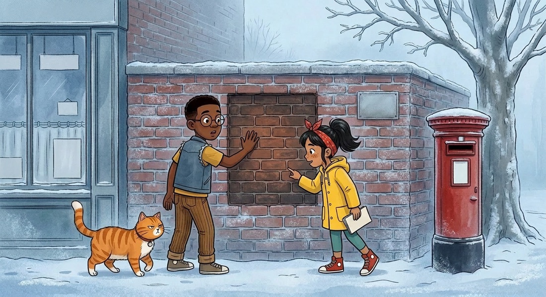 Corrected winter street illustration with the unwanted text removed
