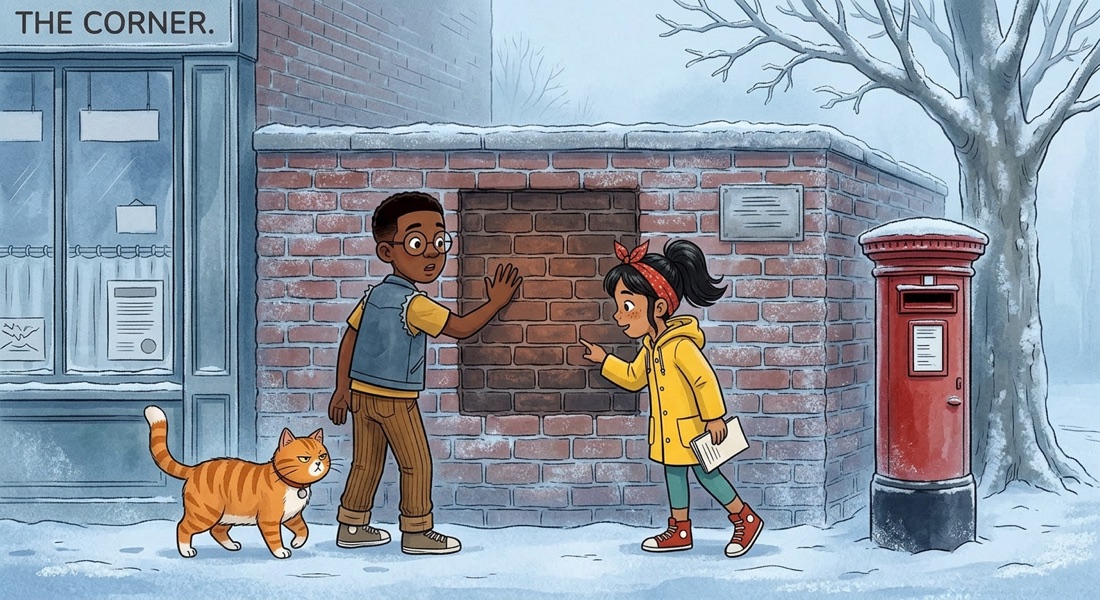 Generated winter street illustration containing an unwanted readable shop sign and labels